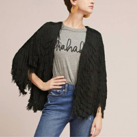 Anthropologie Vanessa Virginia Jacket Womens XS Black Fringe Whimsigoth Flapper - Picture 2 of 16